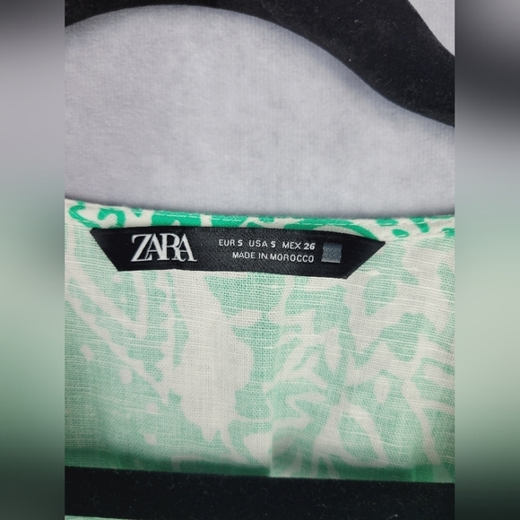 Zara Linen Long Sleeve Flirty Tropical Green Ruffled Linen Cotton Dress SIZE S - Picture 10 of 11